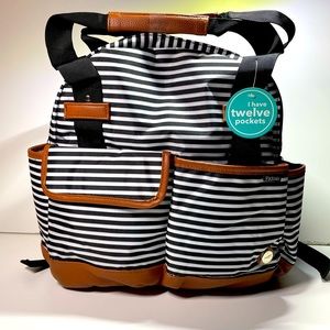 iPack Backpack Diaper Bag Black and White Striped with Leather Accents Med. Size